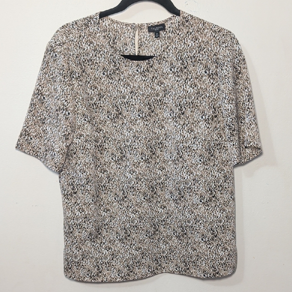 Talbots Cheetah Print Blouse Black + Cream Short Sleeve Women's Size 12P